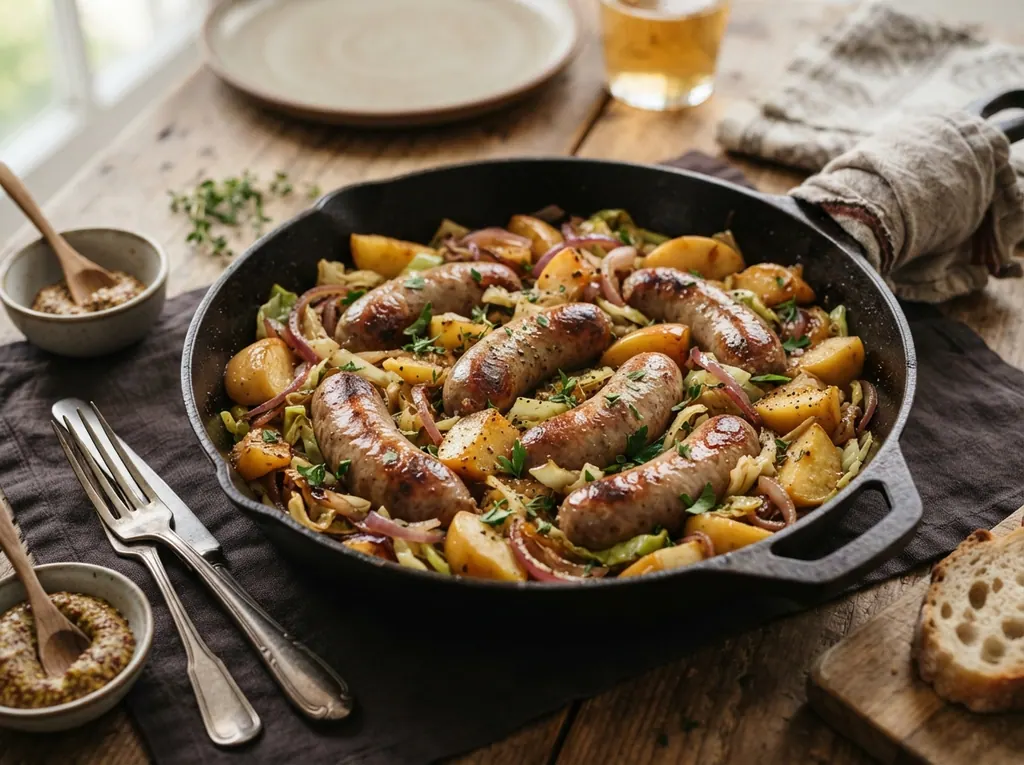 Pan-Roasted Sausages with Caramelized Cabbage and Apple
