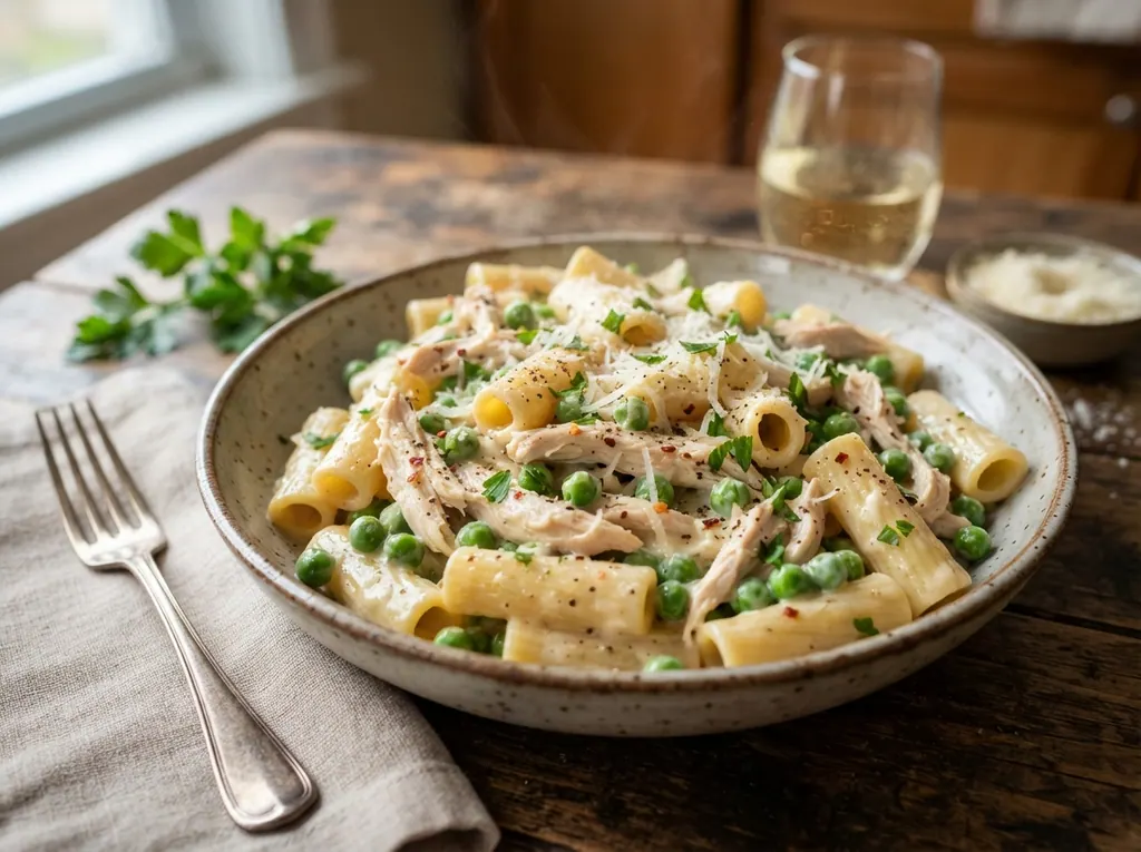 Creamy Garlic Chicken and Pea Pasta