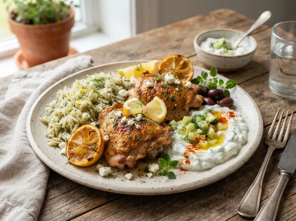 Greek-Style Lemon Chicken Thighs with Tzatziki and Rice