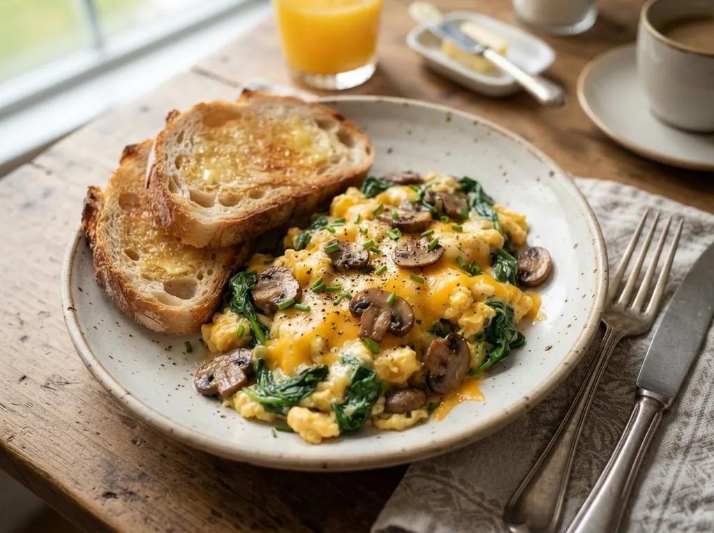 Cheesy Spinach and Mushroom Scramble with Toast