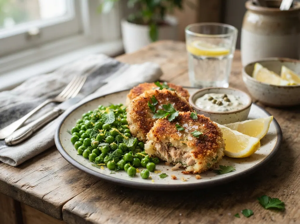 Crispy Tuna and Potato Fish Cakes with Lemon Peas