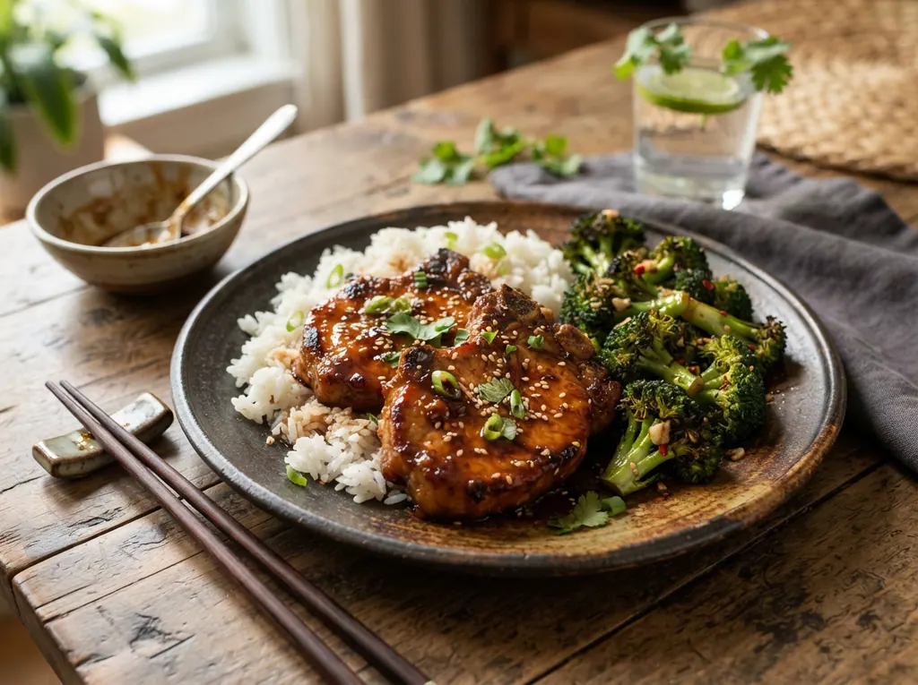 Honey Garlic Pork Chops with Broccoli and Rice