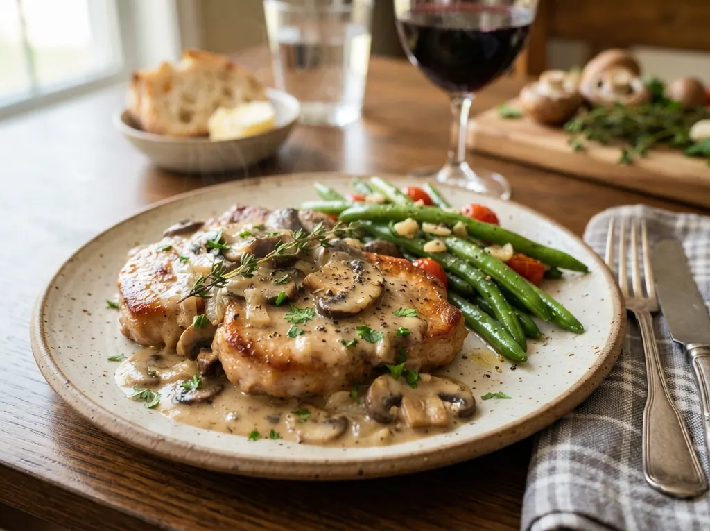 Creamy Garlic Mushroom Pork Chops with Green Beans