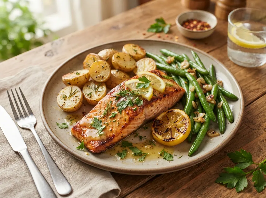 Lemon Garlic Butter Salmon with Roasted Potatoes and Beans