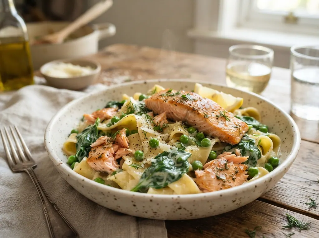 Creamy Lemon Salmon Pasta with Peas and Spinach
